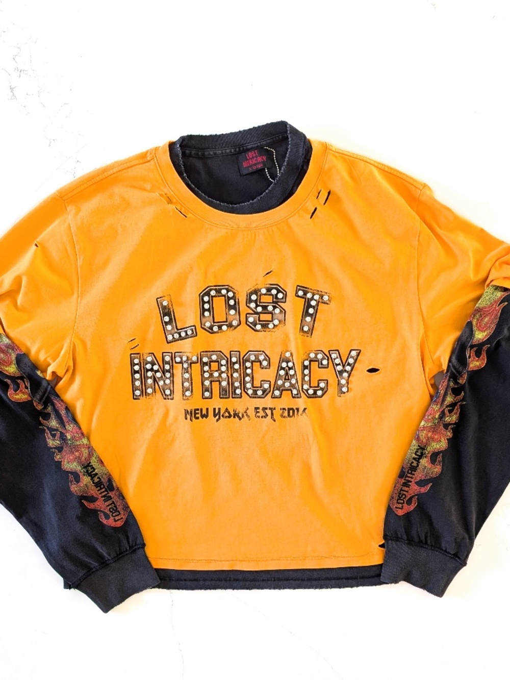 Lost Intricacy Mens Motors Layered Long Sleeve Tee XL Yellow Black Rhinestone